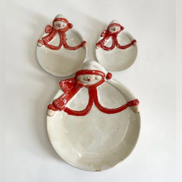 Vintage Seasonal Elements Set of 3 Christmas Snowman Porcelain Candle Plates - Picture 5 of 6